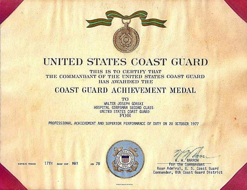 United States Coast Guard Achevement Medal presented to Walter Joseph Gorski on May 17, 1978