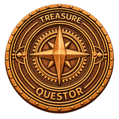 Golden coin with compass design and text "Treasure Questor".