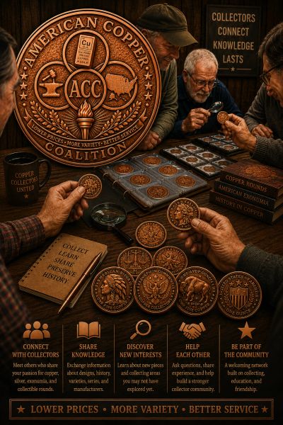 Collectors examining American Copper Coalition coins and tokens.