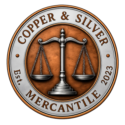 Copper and silver mercantile logo with scales.