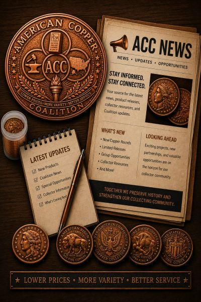 American Copper Coalition news and updates with coins and a notebook.