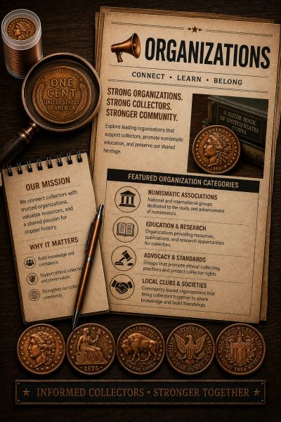 Informational poster on strong organizations for numismatic collectors.