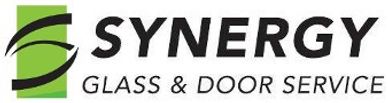 Logo of Synergy Glass &amp; Door Service in black text on a white background.