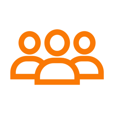 A vibrant orange icon depicting three individuals, illustrating unity and teamwork.