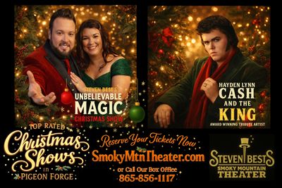Festive Christmas show at Steven Best’s Smoky Mountain Theater in Pigeon Forge, running Nov 1–Jan 4.