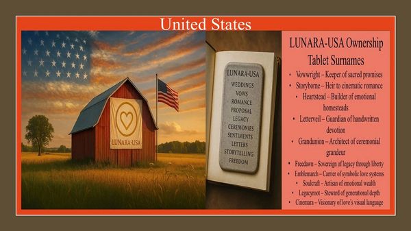 Rustic barn with a heart emblem and American flag at sunset, with LunaRA-USA tablet of symbolic surnames.