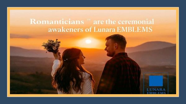 Couple at sunset with text about Romanticians and Lunara Emblems.