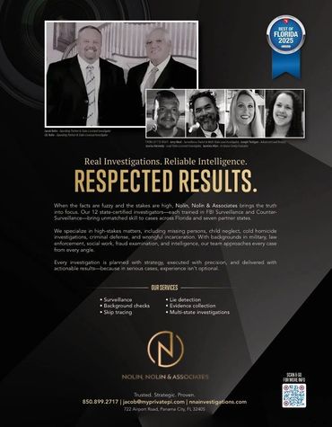 Nolin Investigations
Pensacola Private Investigator
Gulf Breeze Fort Walton Private Investigator