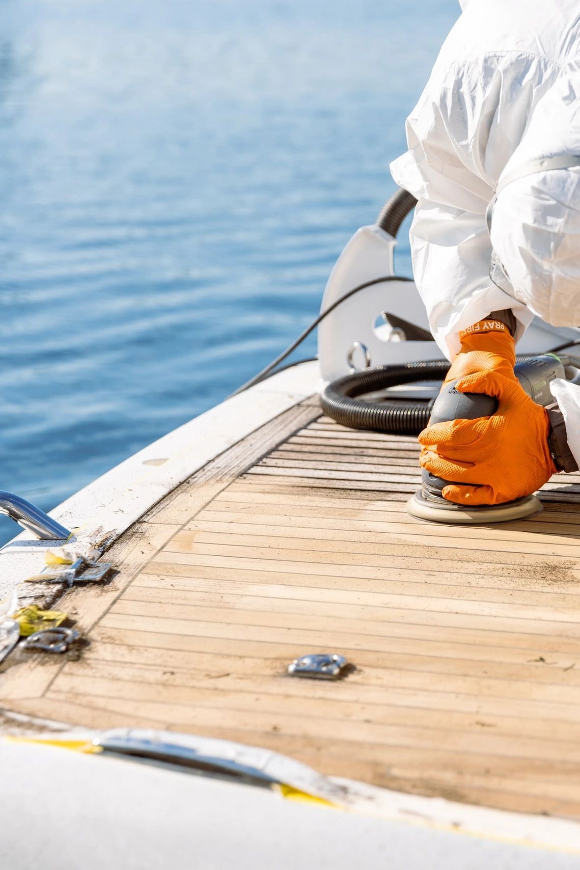 A technician wearing white protective gear and orange gloves kneels on the wooden deck of a yacht, w