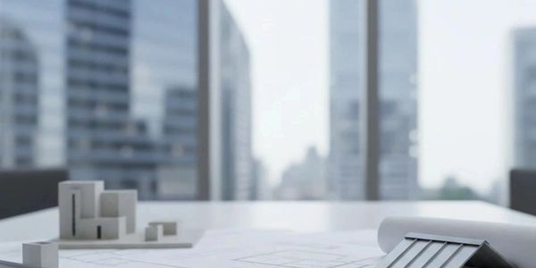 Architectural models and blueprints on a table in an office with cityscape view.