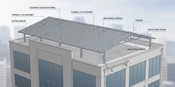 3D architectural model of a building's roof with labeled structural components.
