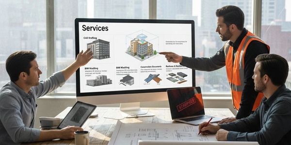 Three men discussing architectural services around a large monitor and blueprints.