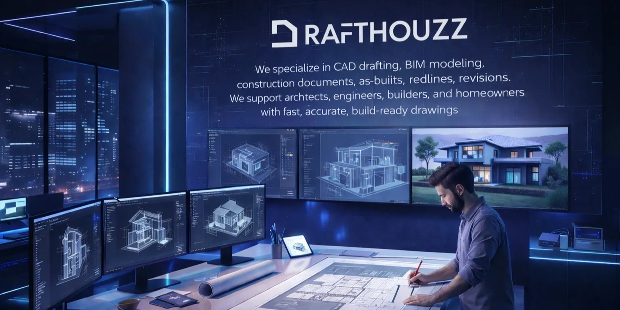 Architect working on CAD drafting and BIM modeling in a high-tech office with multiple screens.
