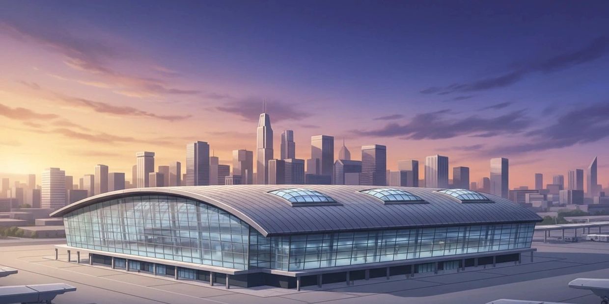 Modern airport terminal with city skyline at sunset.