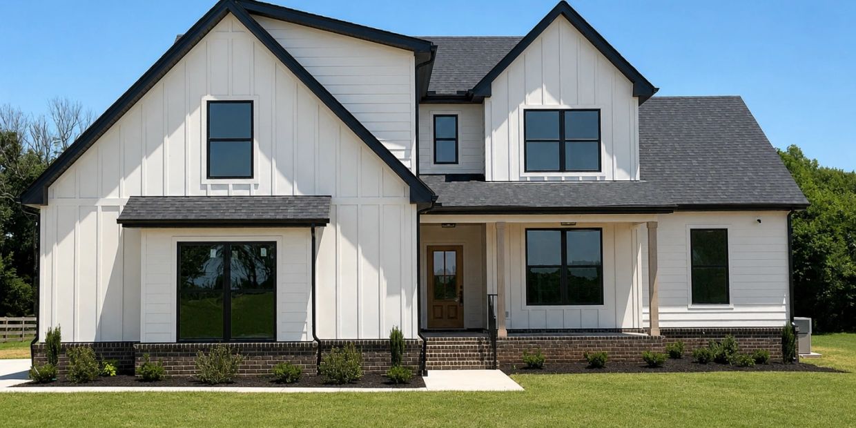 Modern farmhouse with white walls and black roof.