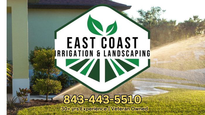 East Coast Irrigation & Landscaping logo with contact info and sprinkler watering a lawn. North Myrtle Beach, SC