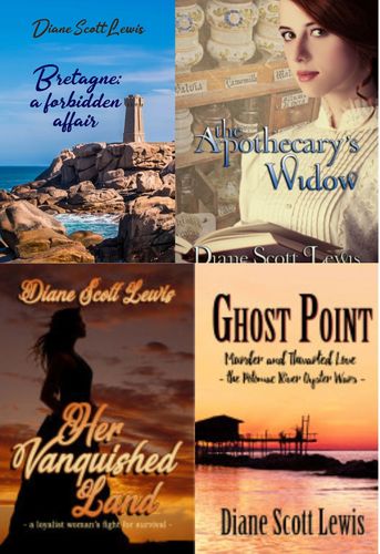 Four book covers by Diane Scott Lewis featuring historical and mystery themes.