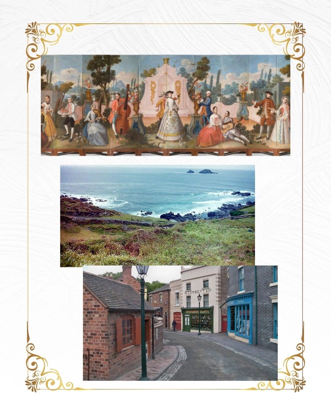 A collage featuring historical painting, seaside landscape, and quaint village street.