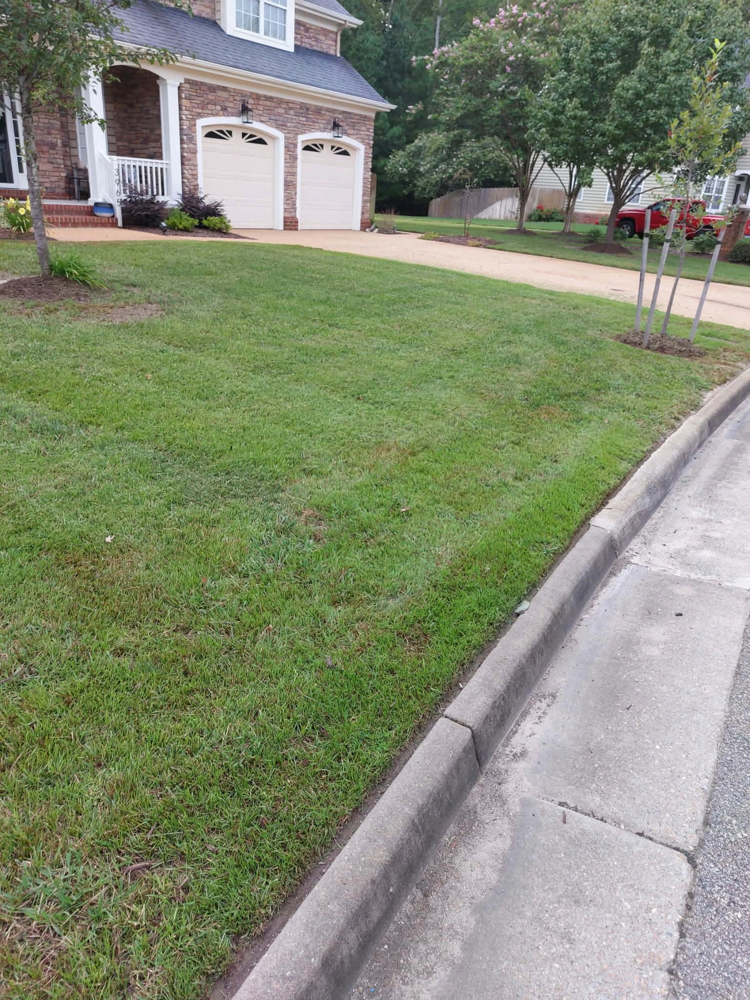 Well-maintained suburban lawn with trees and a stone-clad house.