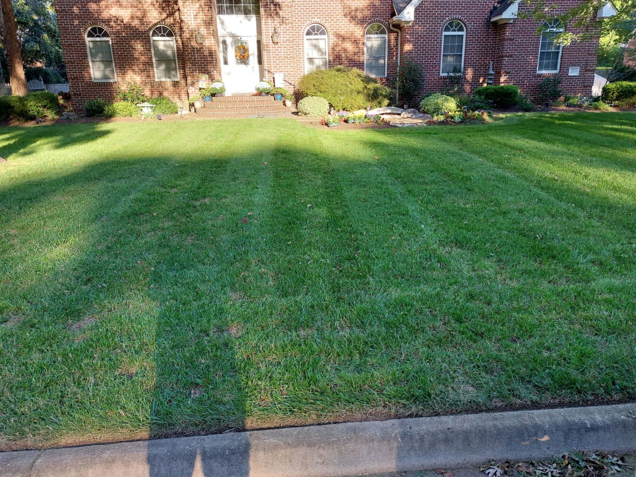 Neatly mowed lawn with striped grass pattern in front of a brick house.
