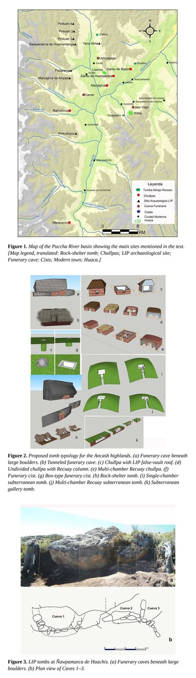 Map and illustrations of funerary sites and tombs in the Ancash highlands.