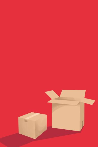 Two cardboard boxes on a red background, one open and one closed.