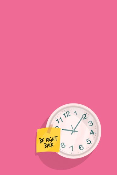Clock with a sticky note saying 'Be Right Back'.
