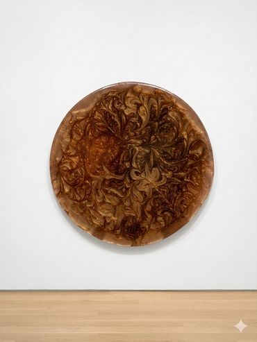 A large circular artwork with intricate brown swirling patterns on a white wall.