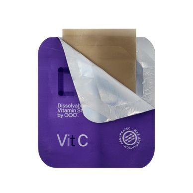 Purple packet labeled Vit C with partially peeled back foil.