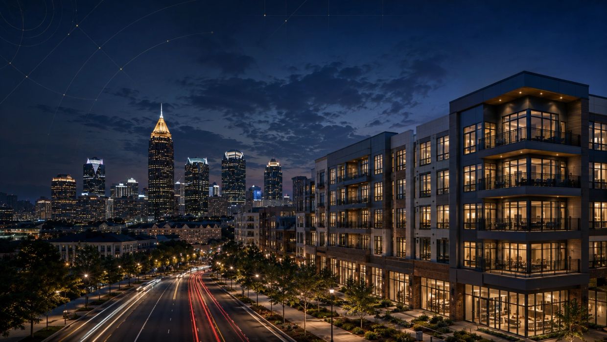Atlanta real estate capital image showing stabilized multifamily property, Midtown skyline, and inst