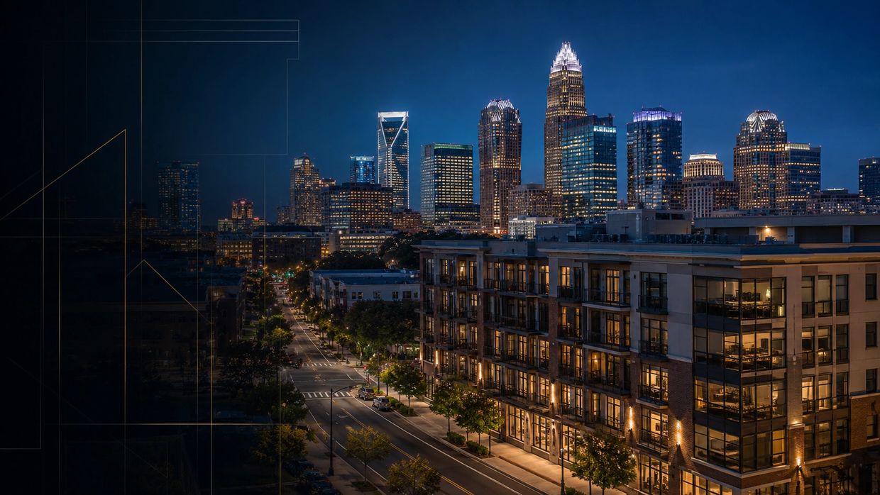Charlotte real estate capital hero with Uptown skyline and stabilized multifamily asset.