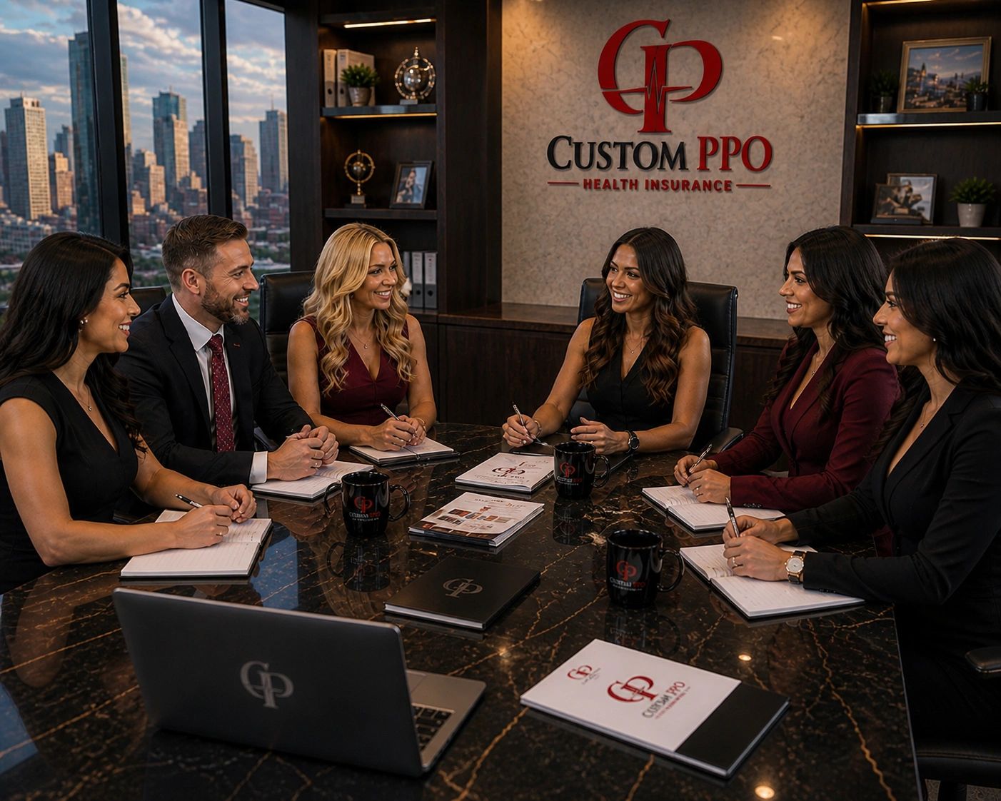 A business meeting at Custom PPO Health Insurance office with six professionals discussing and taking notes.