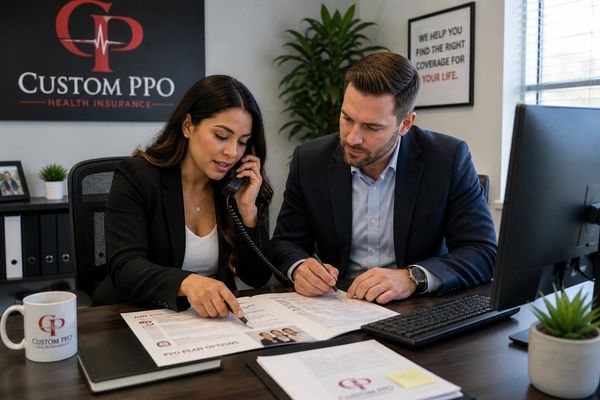 Two professionals discussing health insurance plans at an office desk.