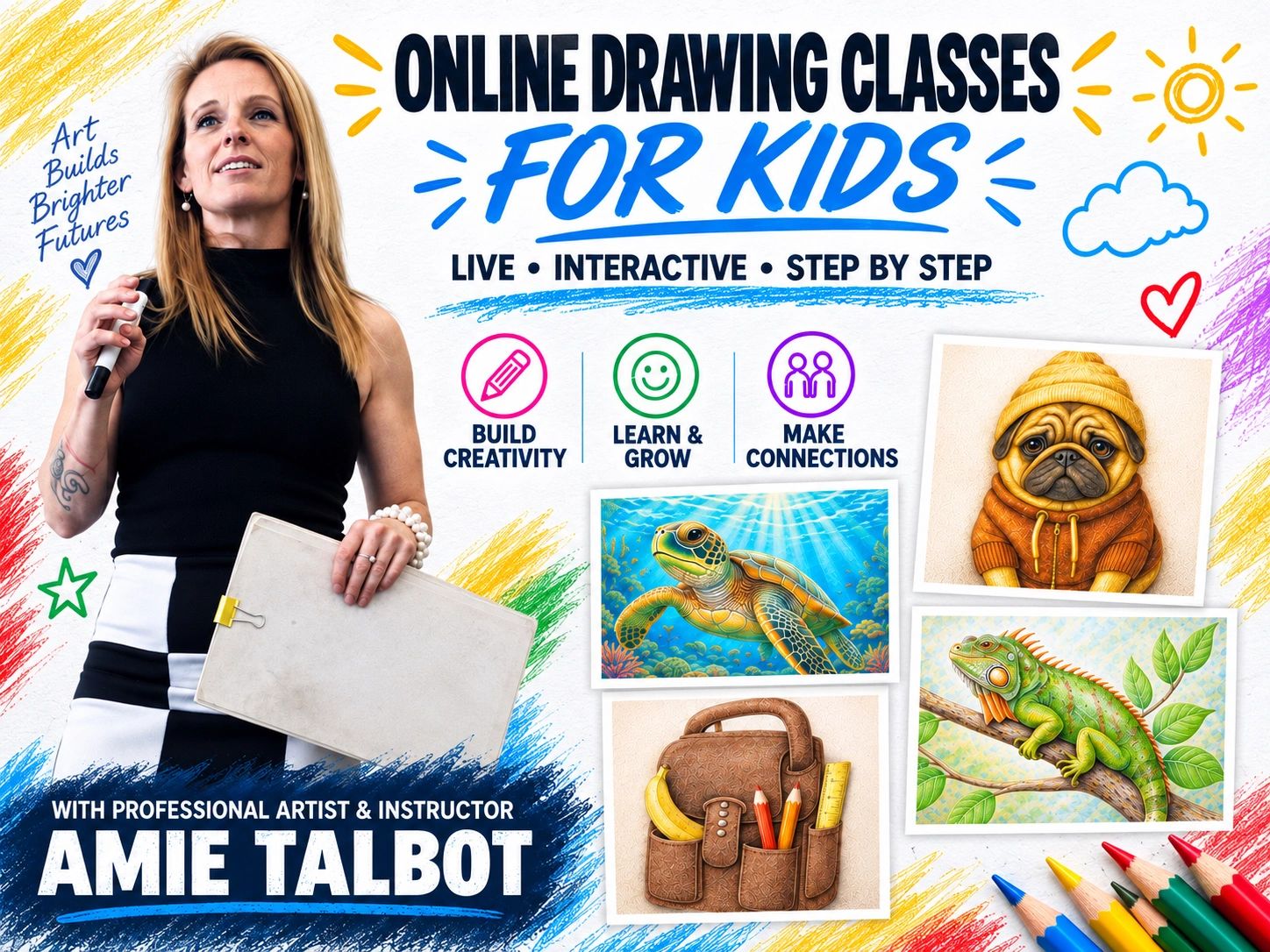 Amie Talbot promotes online drawing classes for kids with creativity, learning, and connections.