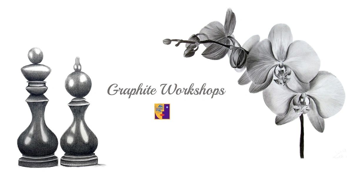 Graphite drawing of chess pieces and orchid with 'Graphite Workshops' text.