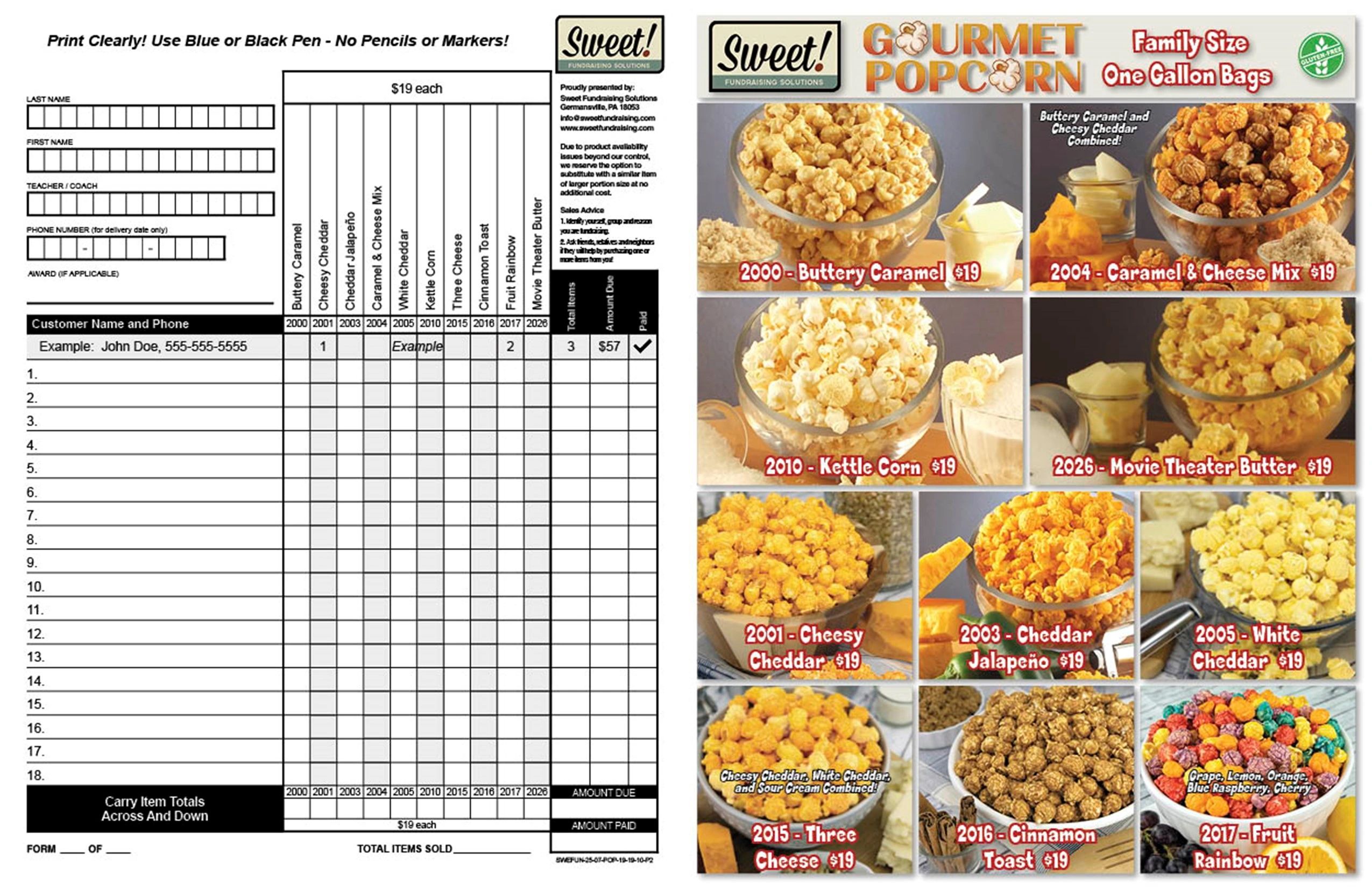 Gourmet Popcorn order form - butter, caramel, cheese, kettle, cinnamon, fruit flavors