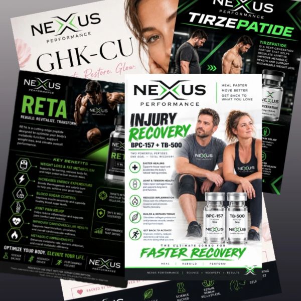 Nexus Performance injury recovery and peptide supplements promotional flyers.
