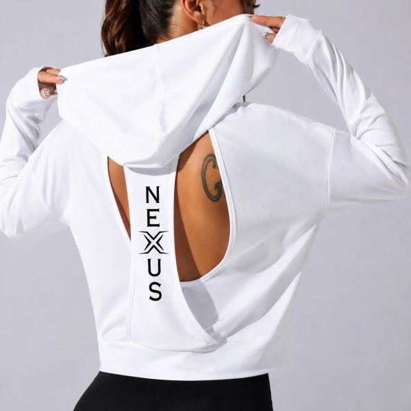 Back view of a white hoodie with open back and "NEXUS" text.