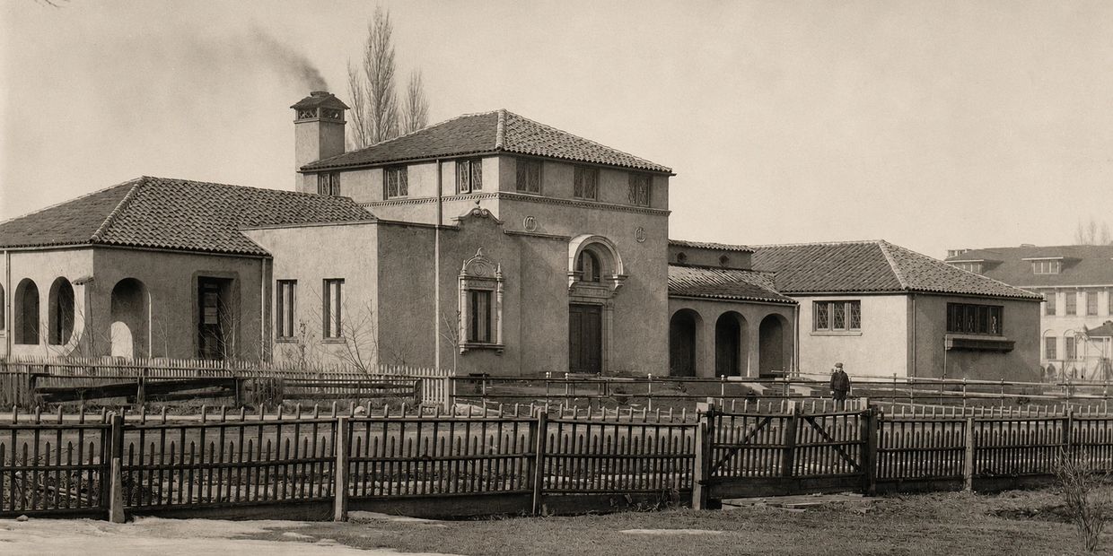 Early 20th-century house with tiled roof and wooden fences in black and white.
