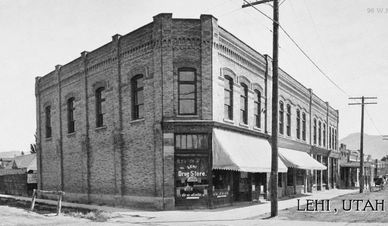 Historic brick drugstore building in Lehi, Utah.