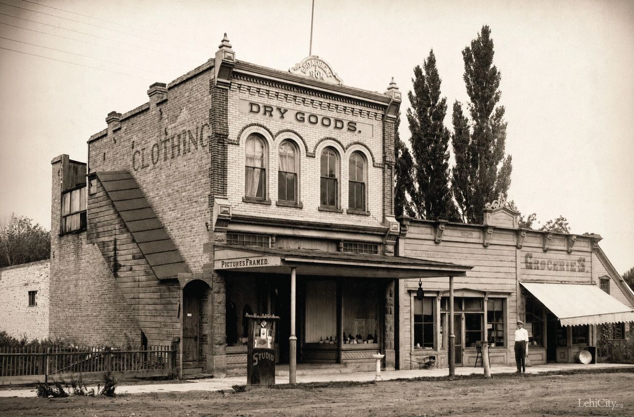Historic sepia photo of old-fashioned dry goods and grocery stores with a man standing outside.