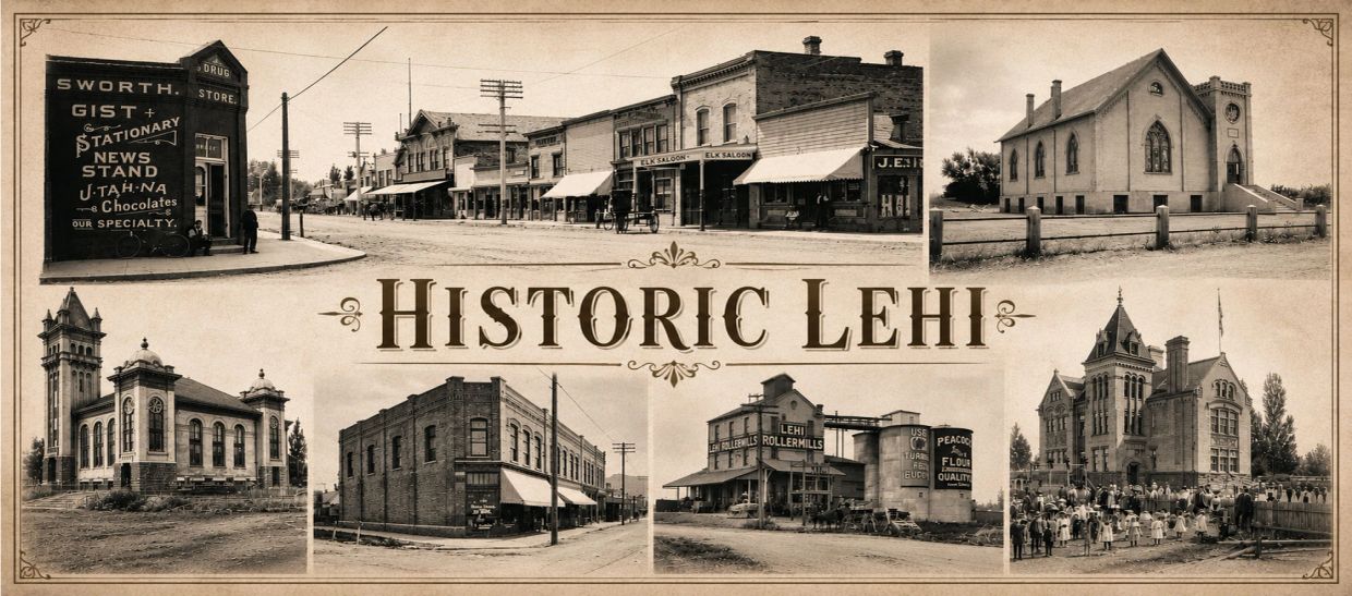 Collage of historic buildings and street scenes from Lehi, Utah.