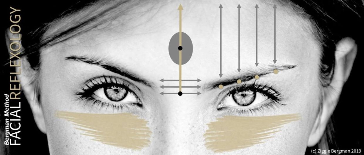 beautiful womans eyes with zone face lift facial reflexology points shown on face