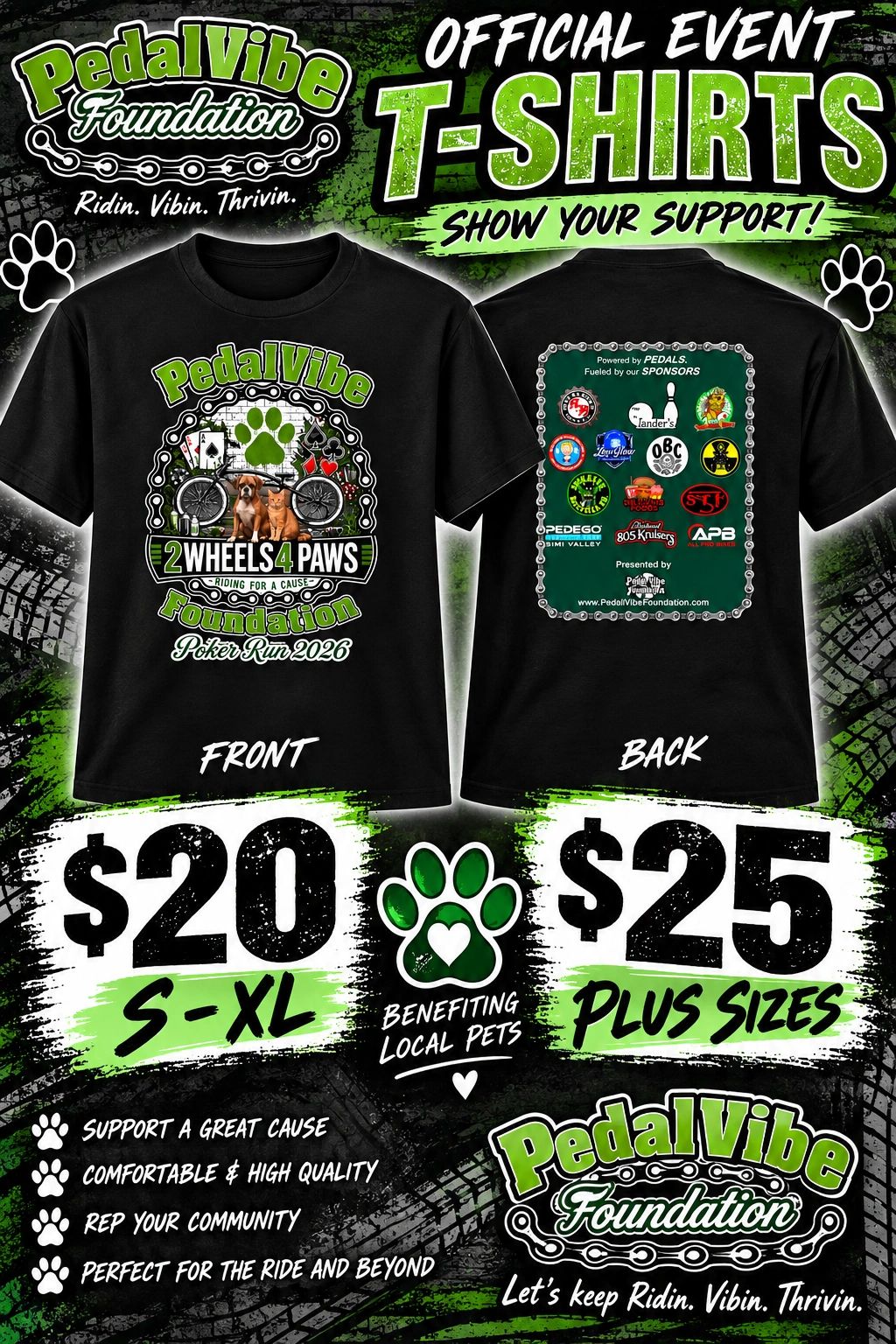 Pedal Vibe Foundation event t-shirts for 2 Wheels 4 Paws Poker Run 2026, benefiting local pets.