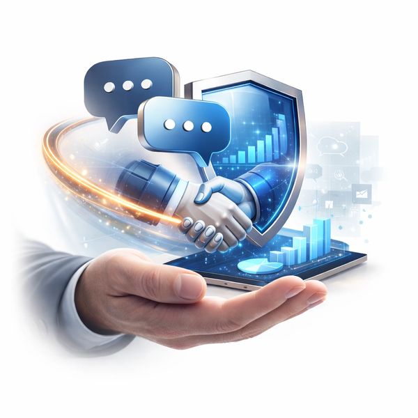 Digital handshake and communication icons symbolize secure business collaboration.