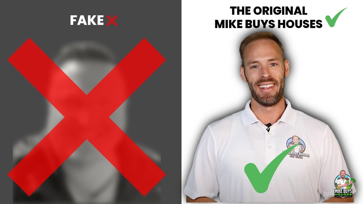 Comparison of a fake and the original Mike Buys Houses with check marks.