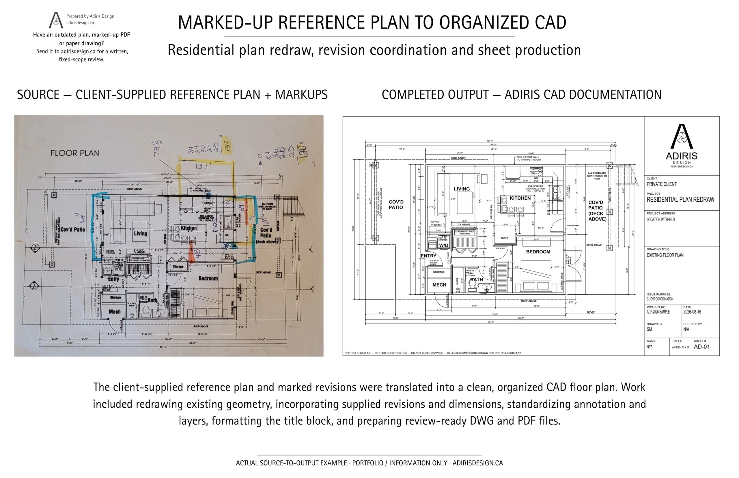 Marked-up residential reference plan beside the completed Adiris CAD redraw.