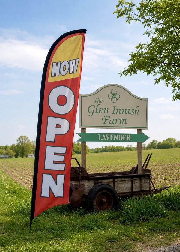Sign for Glen Innish Farm lavender with a bright open flag.