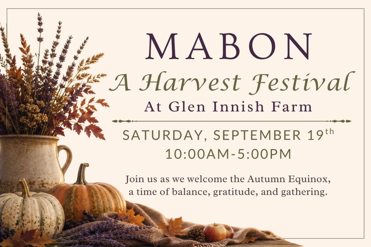 Invitation to Mabon harvest festival with pumpkins and flowers.