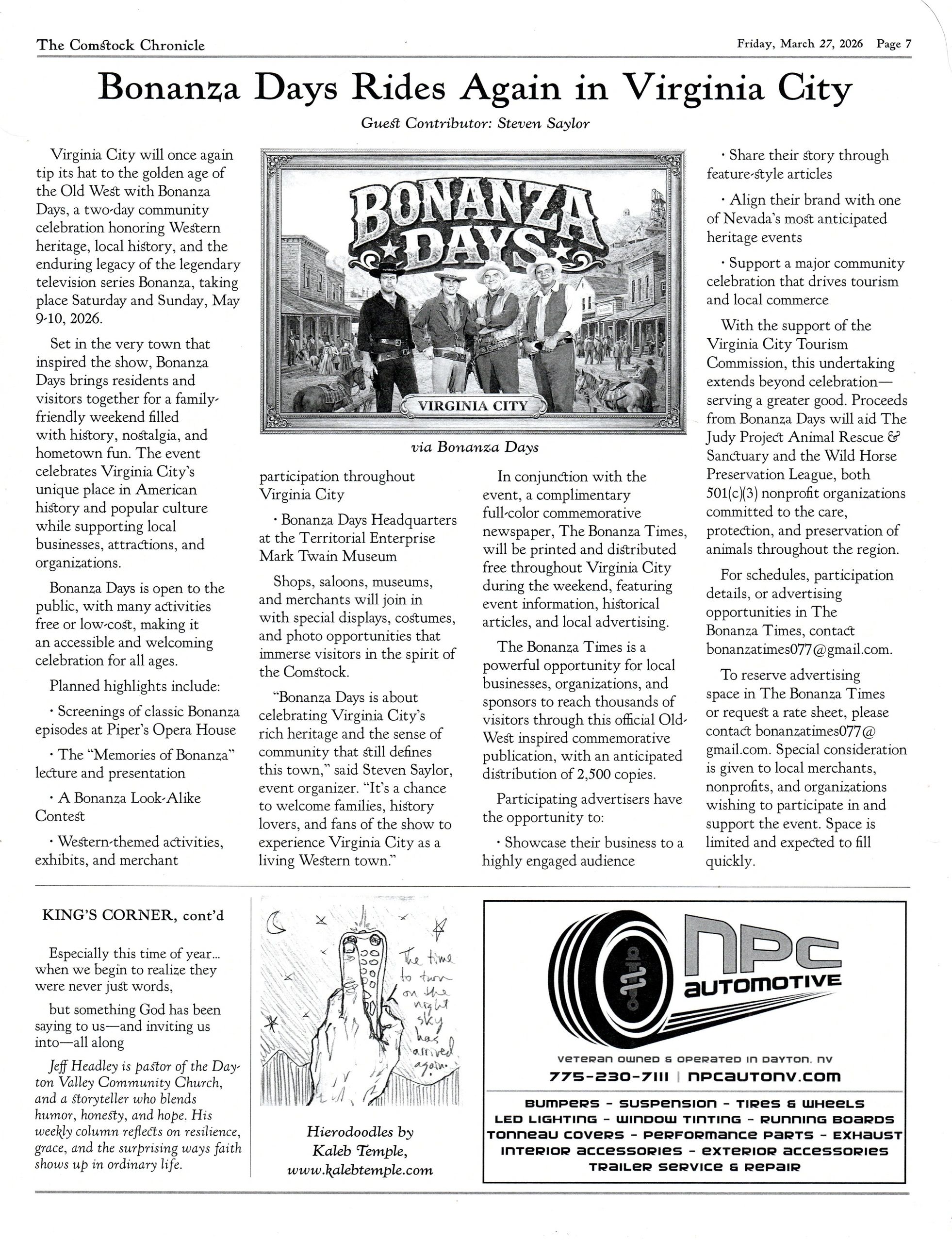 Bonanza Days returns to Virginia City for a family-friendly Old West celebration on May 9-10, 2026.